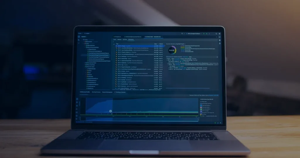 Notebook com código em tons de azul ilustrando como manter o computador seguro no dia a dia
