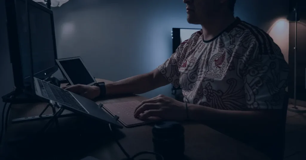 Pessoa em escritório escuro usando notebook ilustrando o golpe de engenharia social