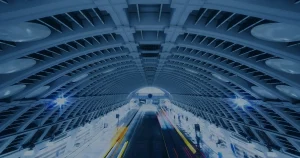 Arquitetura futurista em tons de azul ilustrando a evolução da tecnologia nos próximos 5 anos