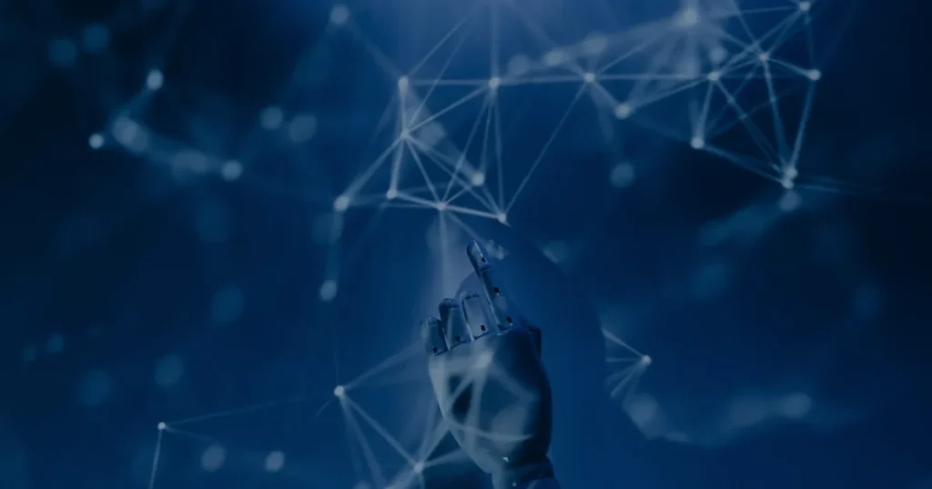 Mão robótica conectada a uma rede digital azul ilustrando a IA no mercado de trabalho