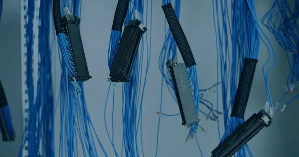 Cabos de rede azuis em data center ilustrando infraestrutura de TI para startups