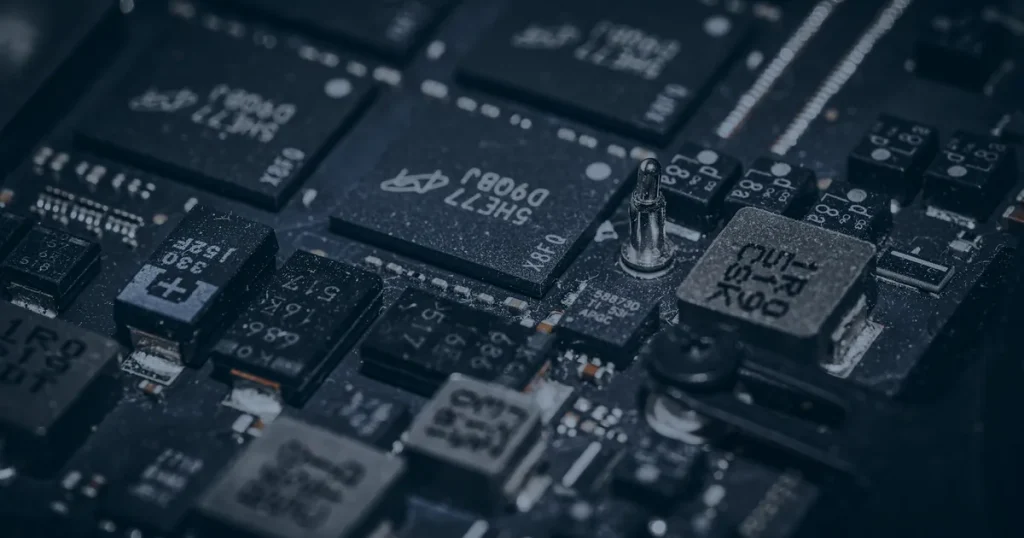 Microchips em placa de circuito ilustrando a modernização tecnológica da empresa