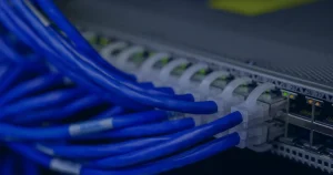 Cabos de rede azuis conectados a switch ilustrando o que fazer no vazamento de dados
